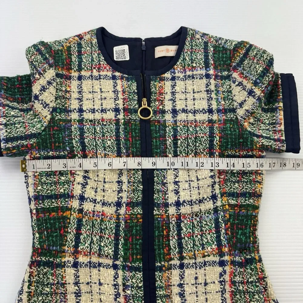 Tory Burch Plaid Tweed Sheath Dress Size 4 Zip Front Pockets Short Sleeve